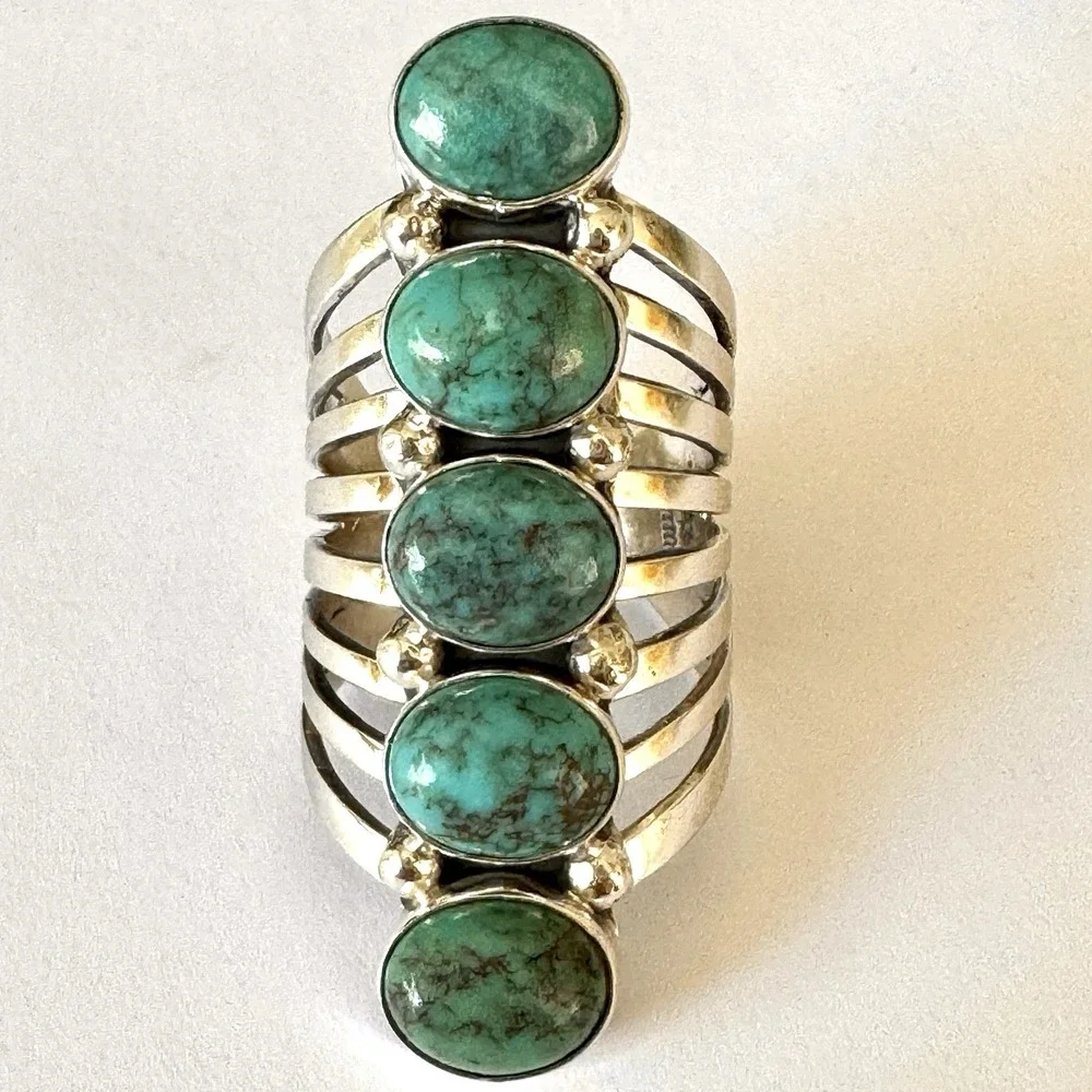 Long Navajo Ring Sz 9 Signed Yazzie Turquoise Sterling Native American 5 Stone